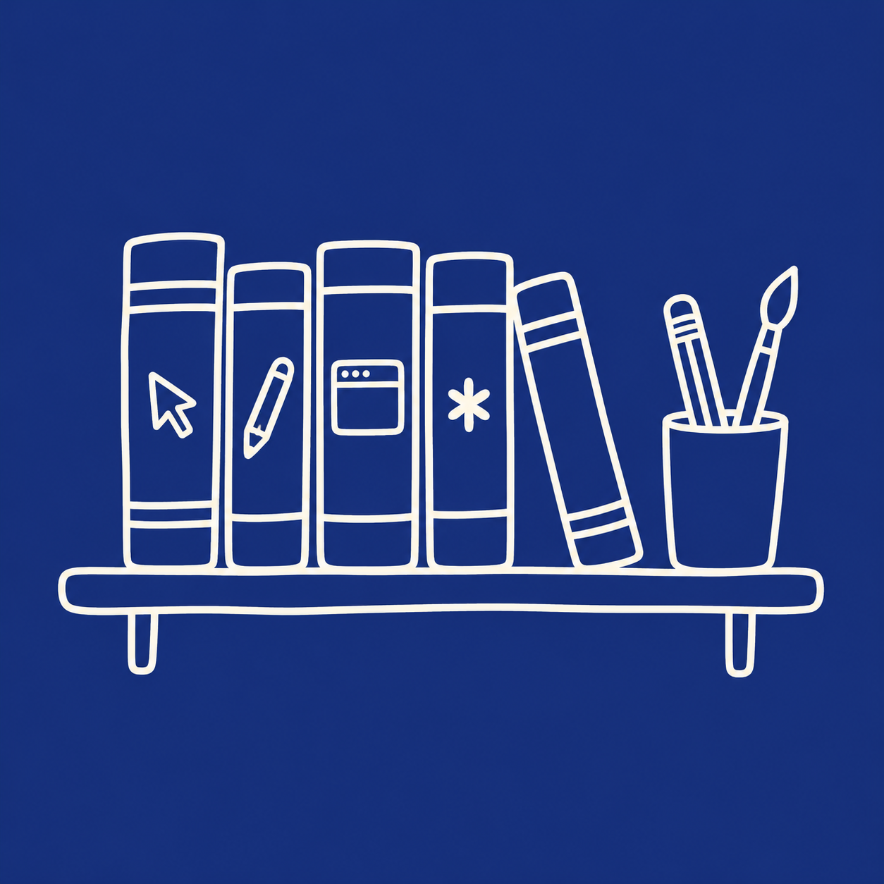 Ilustração de livros, lápis e pincel em uma estante